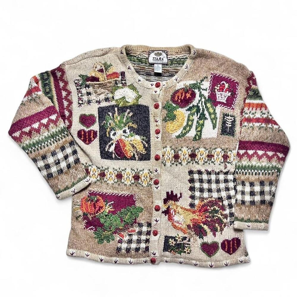 Tiara International 90s Vintage Autumn Harvest Knit Chicken Cottage Sweater XL